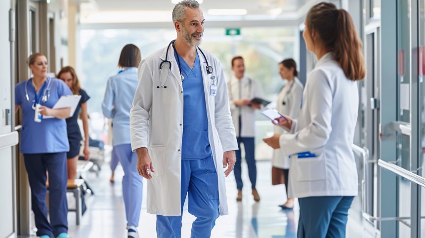 A doctor providing guidance to interns in a busy hospital corridor, emphasizing the importance of effective communication and leadership in healthcare settings.